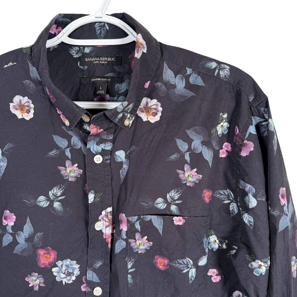Banana Republic Luxe Poplin Floral Shirt Untucked Slim Button Down Mens L Black